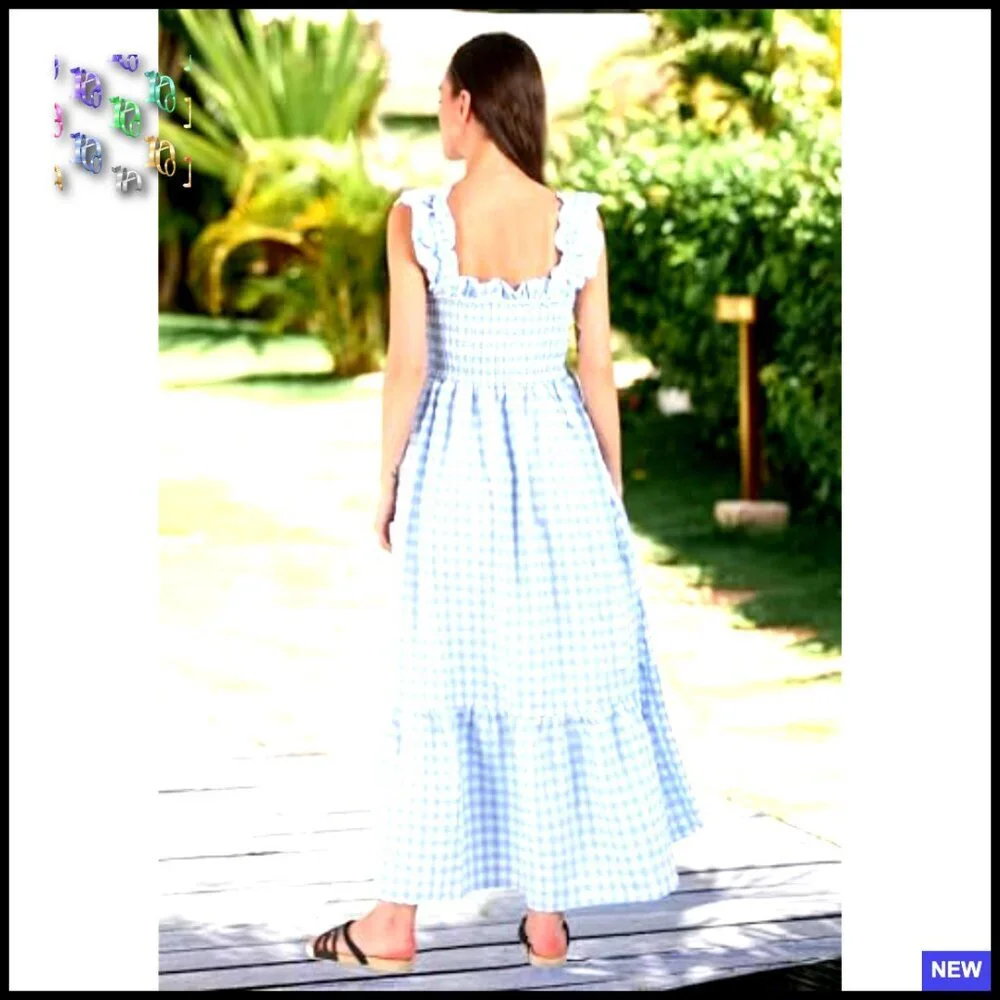 Retro Plaid Smocked Dress Spaghetti Strap Flounce Long A-Line Silhouette - Picture 5 of 7